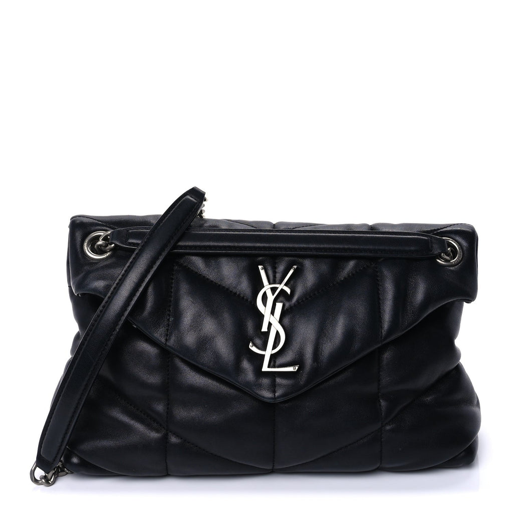 Saint Laurent Lambskin Quilted Small Loulou Puffer Monogram Chain Satchel Black