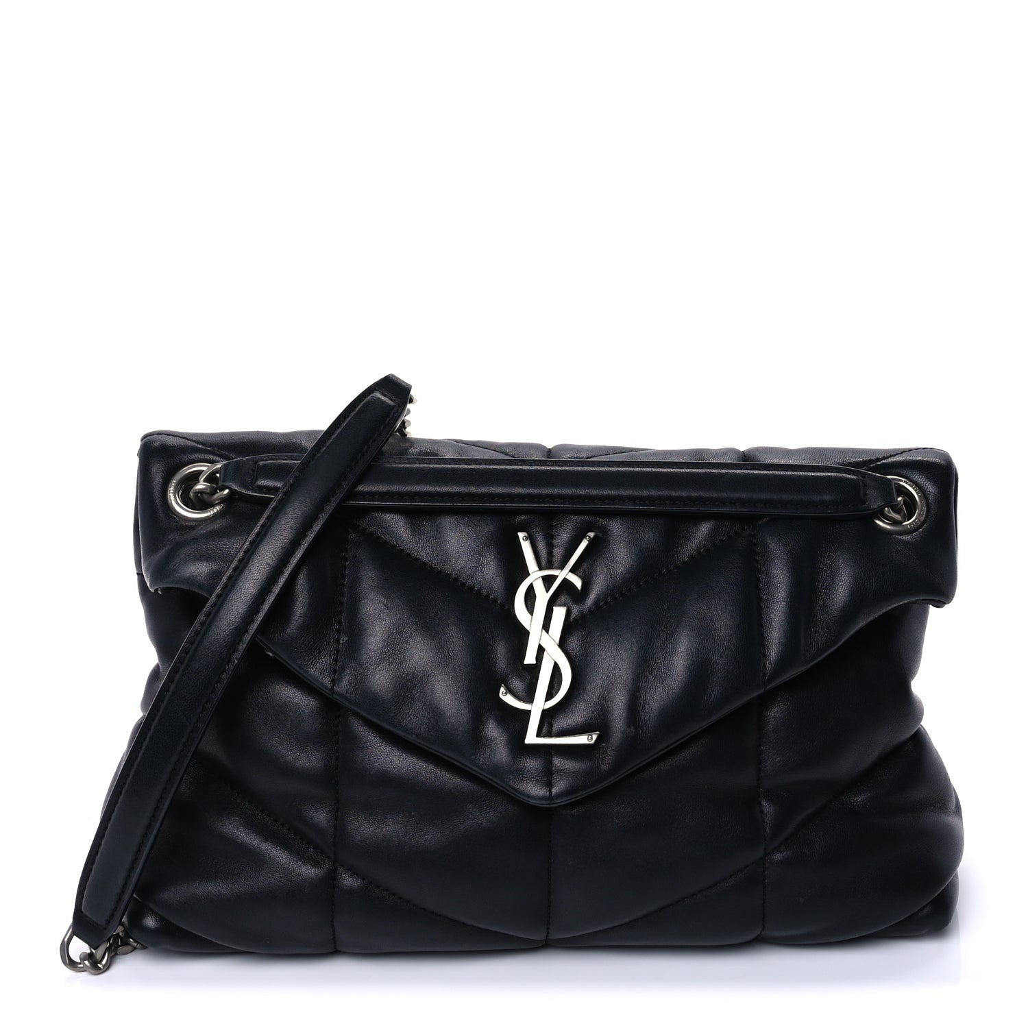 Saint Laurent Lambskin Quilted Small Loulou Puffer Monogram Chain Satchel Black