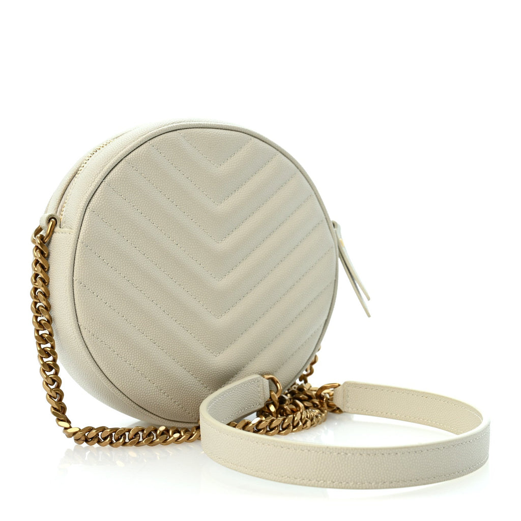 Saint Laurent Grain De Poudre Matelasse Chevron Quilted Round Vinyle Camera Bag Crema Soft