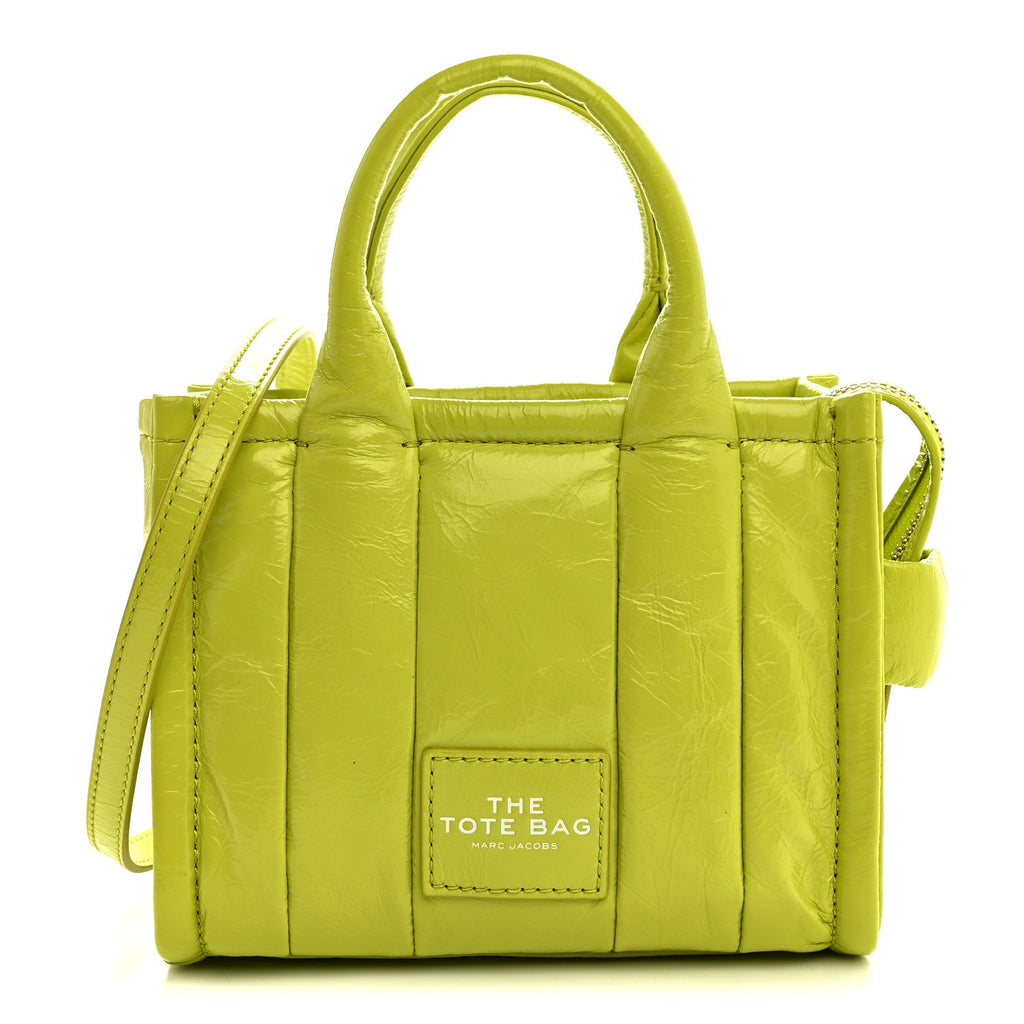 Shiny Crinkled Calfskin Mini The Tote Bag Acid Lime