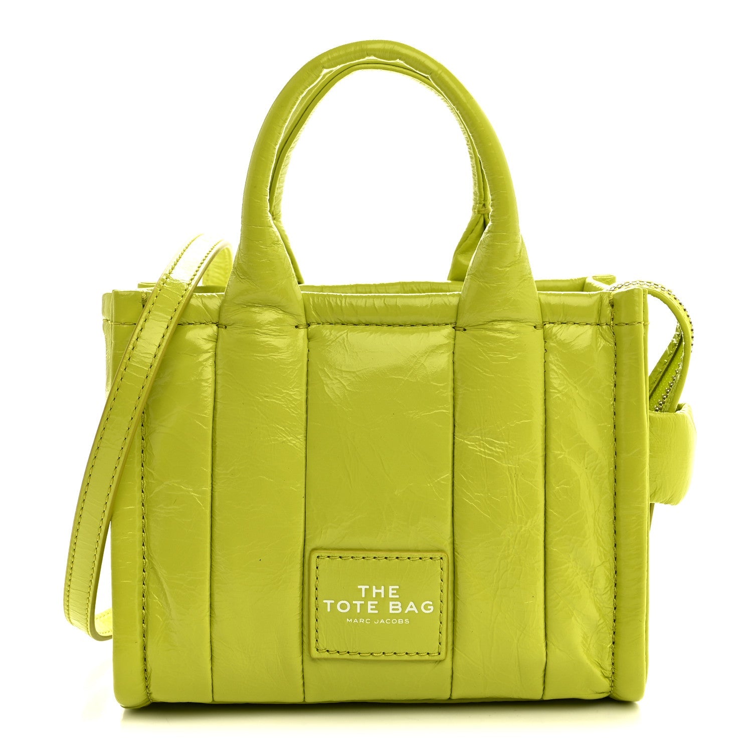 Shiny Crinkled Calfskin Mini The Tote Bag Acid Lime