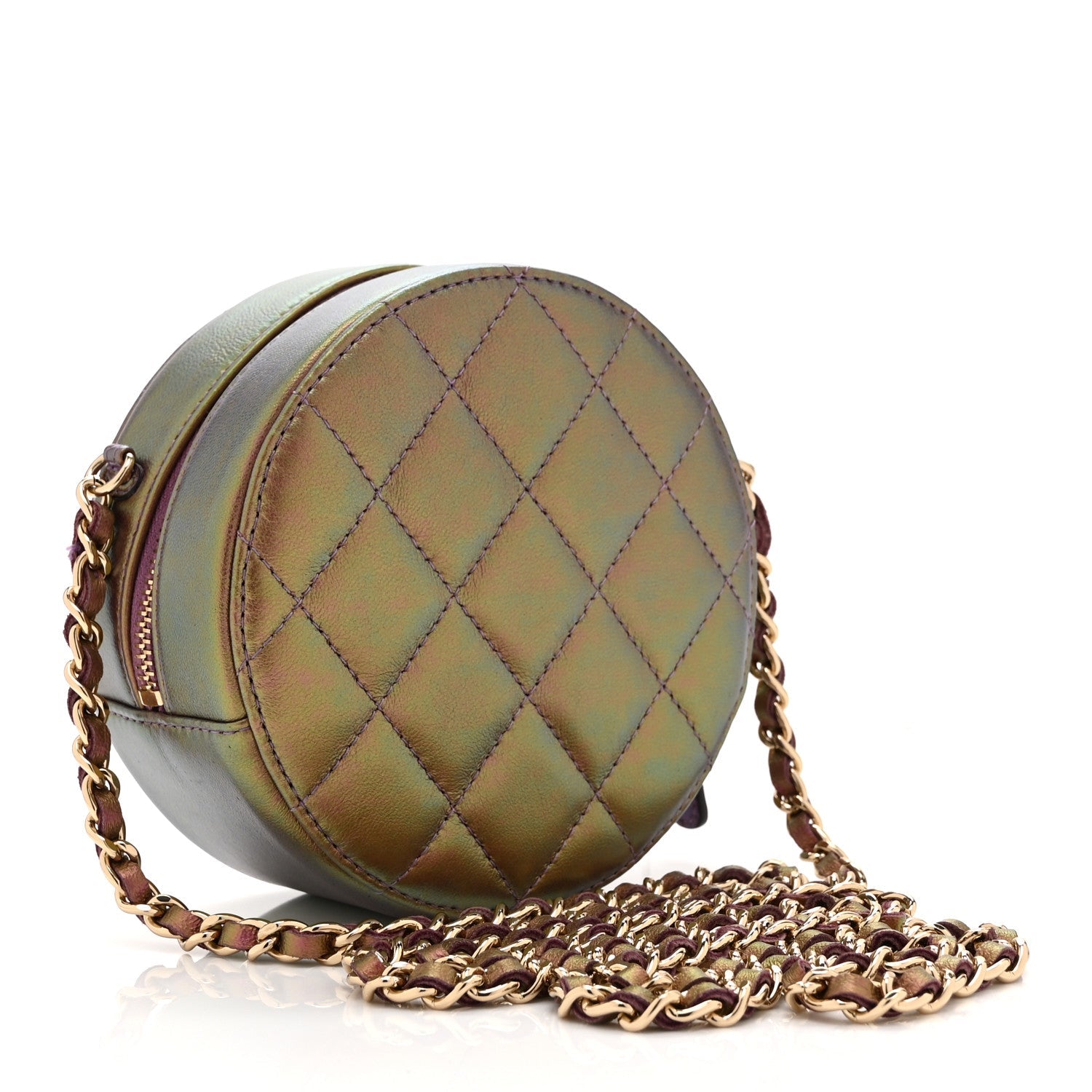 Chanel Iridescent Lambskin Quilted Round Clutch With Chain Purple