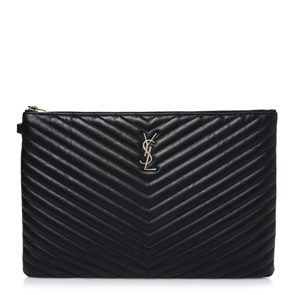 Saint Laurent Calfskin Matelasse Chevron Monogram Document Holder Black