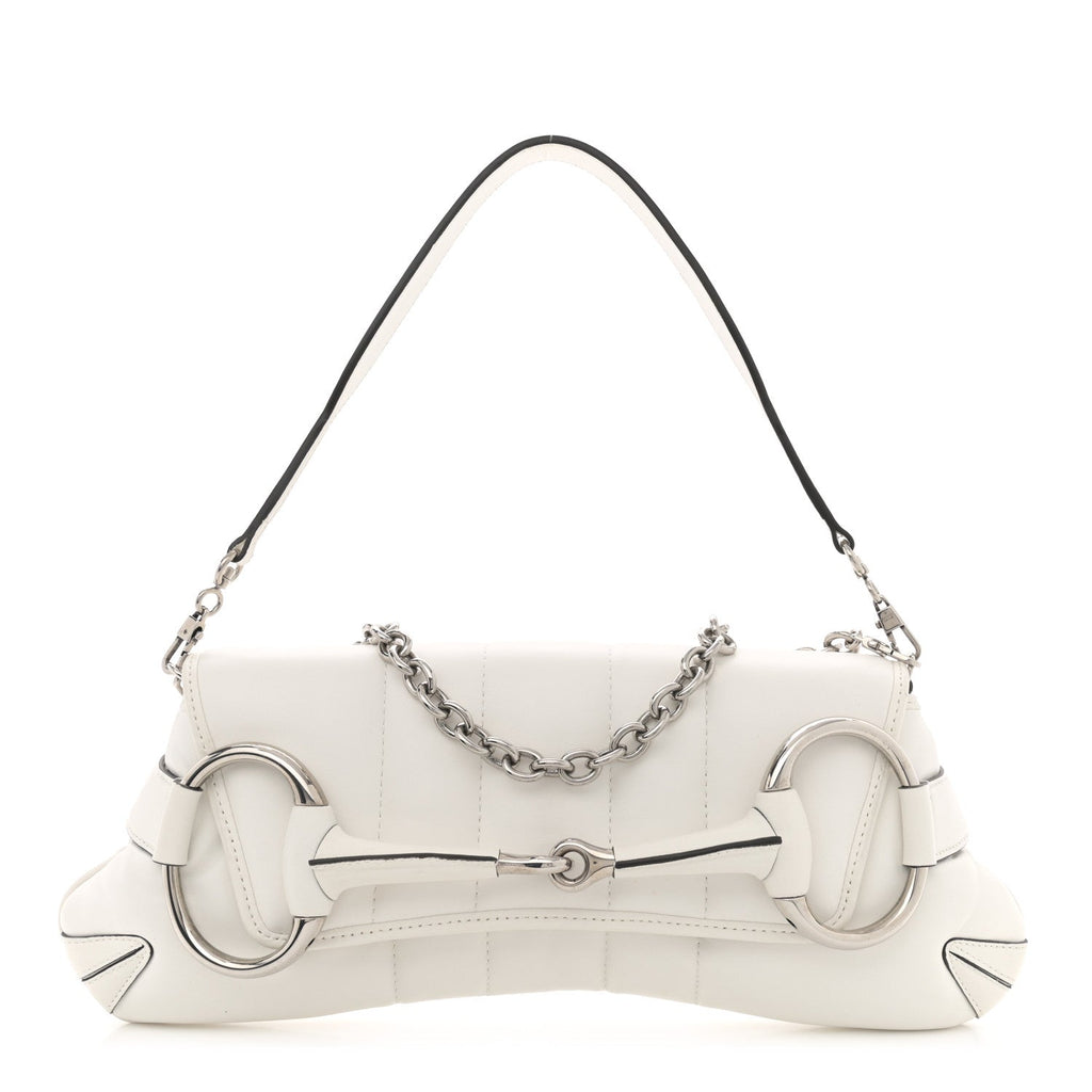 Gucci Nappa Vertical Matelasse Medium Maxi Horsebit Chain Shoulder Bag Mystic White