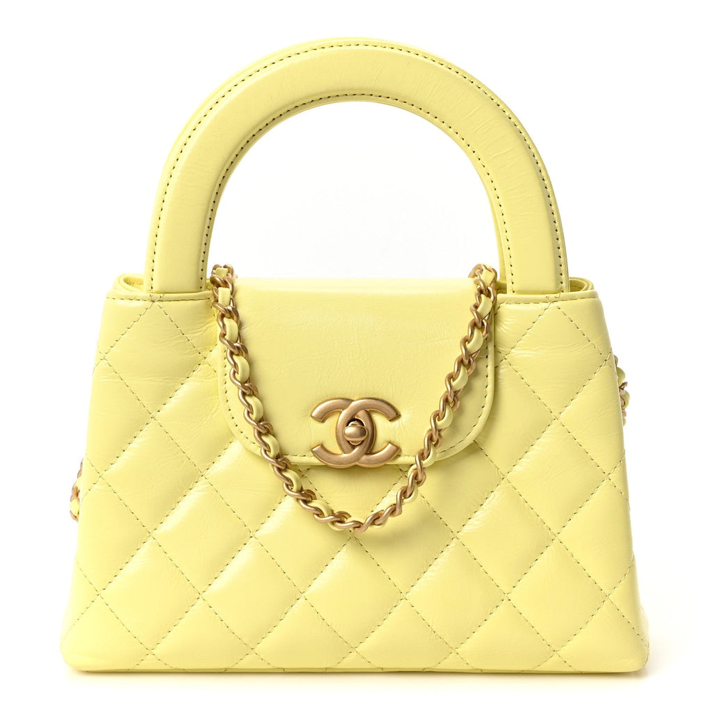 Chanel Shiny Aged Calfskin Quilted Nano Kelly Shopper Light Yellow