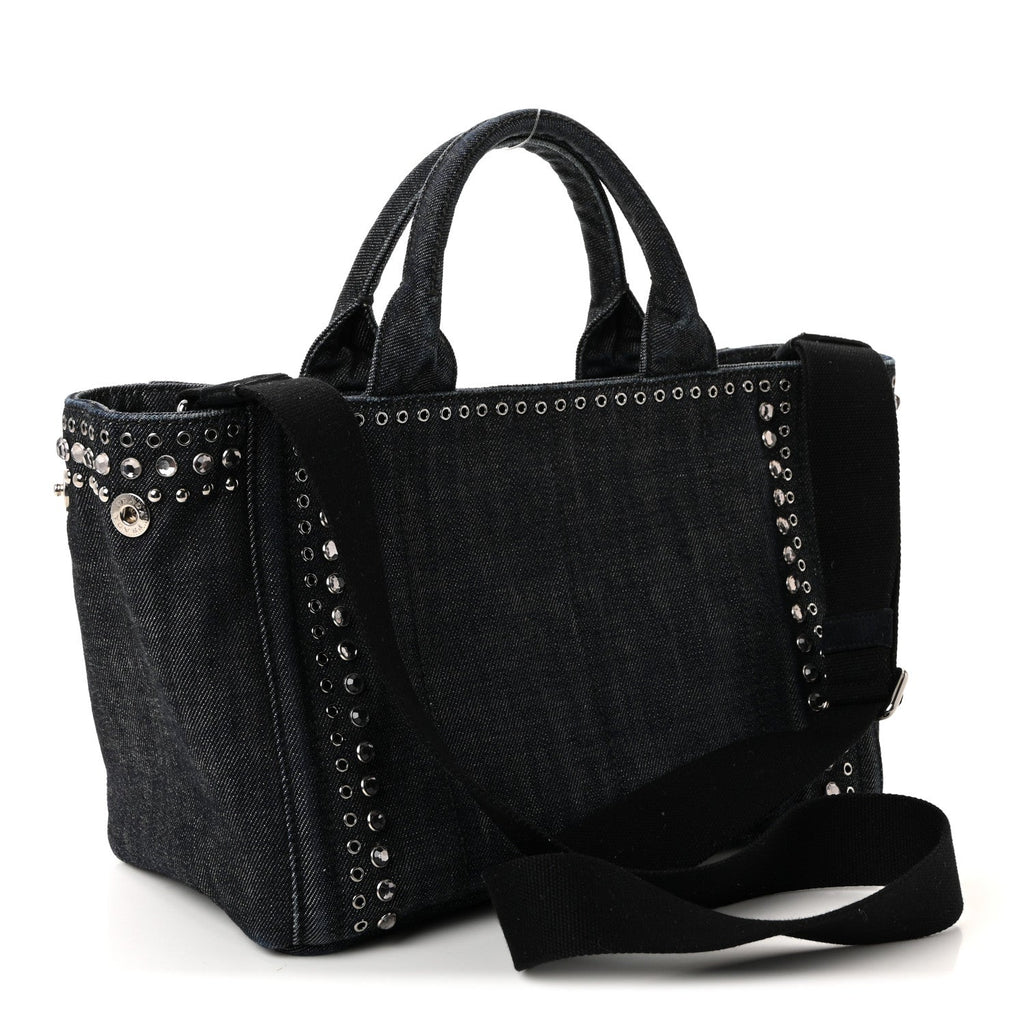 Prada Canapa Denim Crystal Rivet Studded Tote Avio