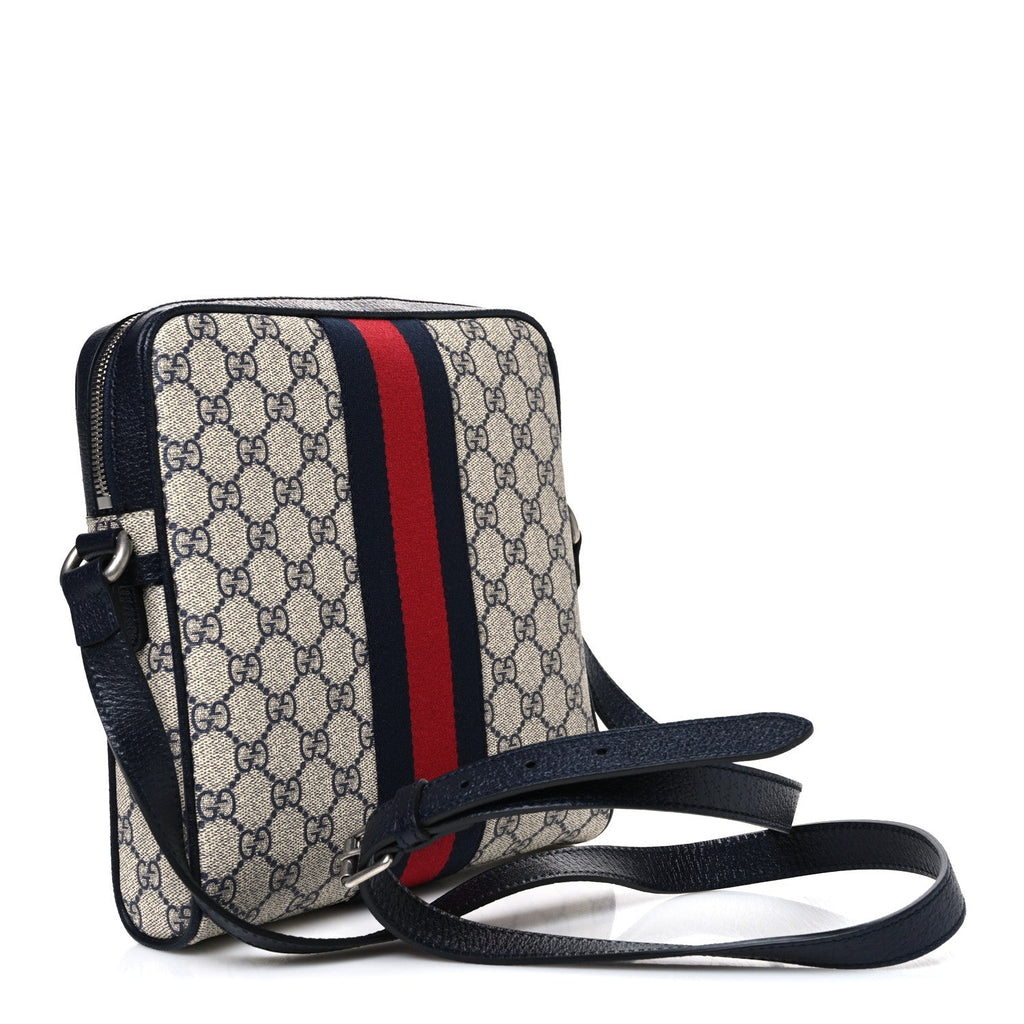 Gucci GG Supreme Monogram Textured Dollar Calfskin Web Small Ophidia Messenger Bag Beige Blue