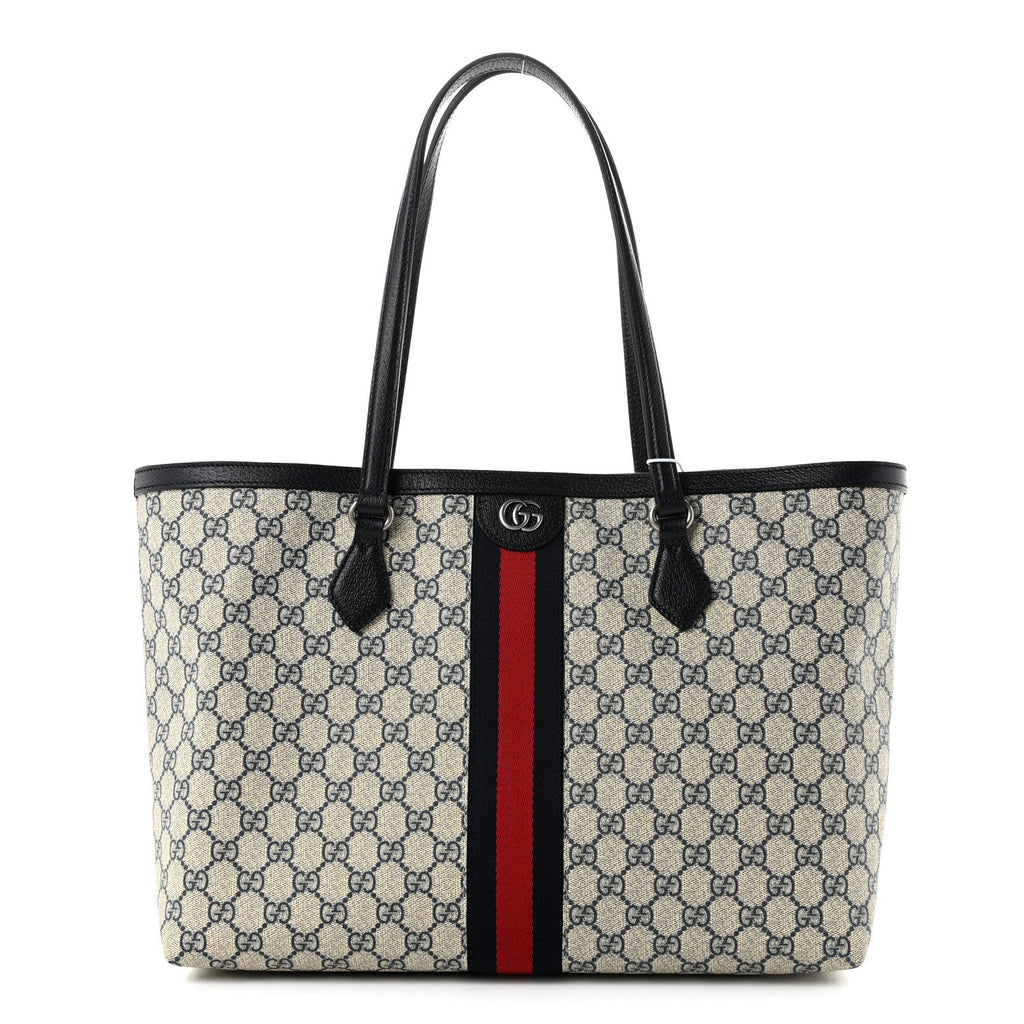 Gucci GG Supreme Monogram Textured Calfskin Web Medium Ophidia Shopping Tote Beige Blue