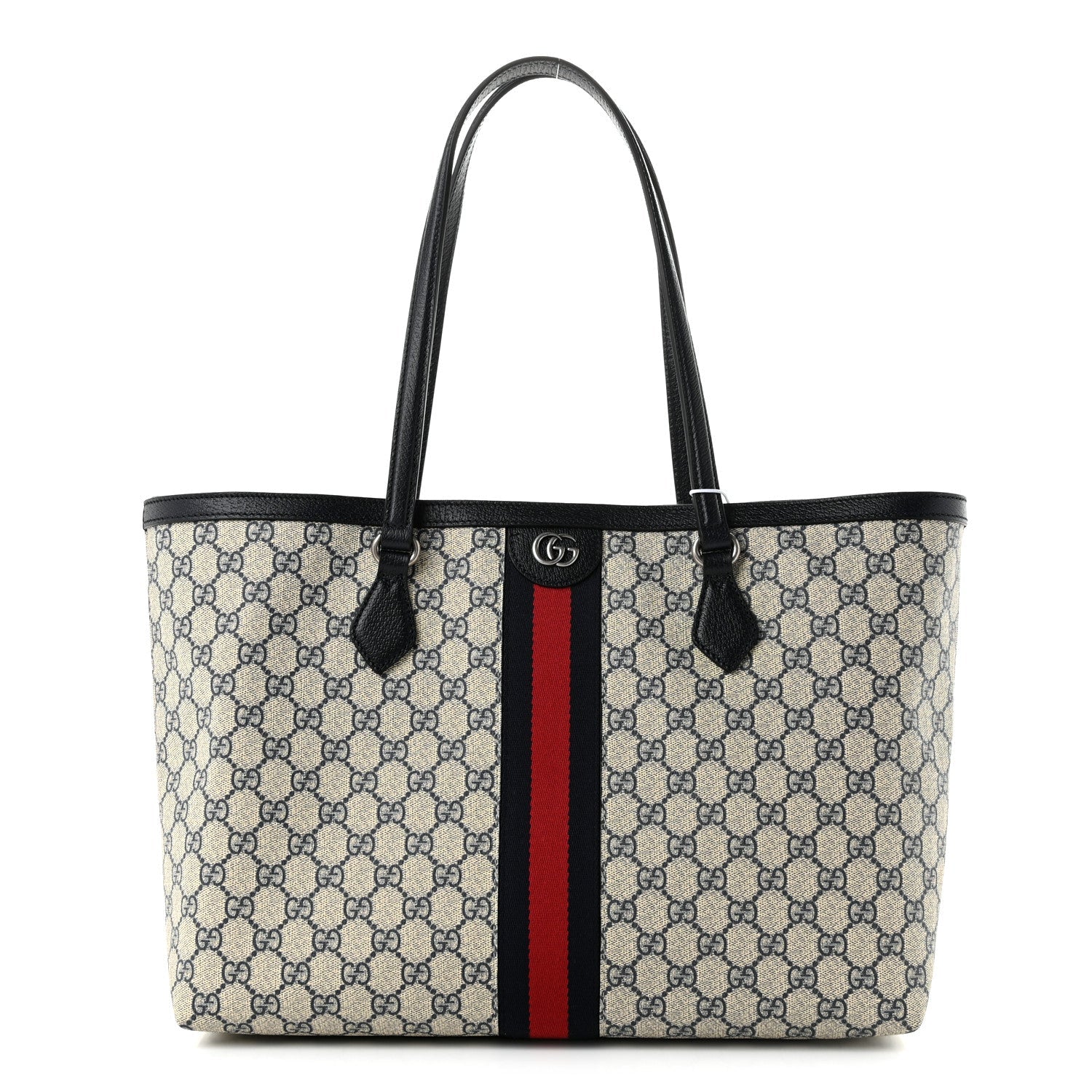 Gucci GG Supreme Monogram Textured Calfskin Web Medium Ophidia Shopping Tote Beige Blue