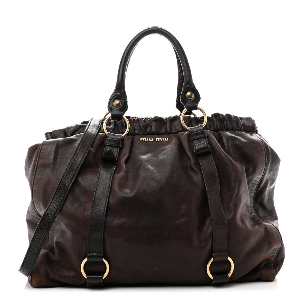Miu Miu Vitello Lux Gathered Tote Brown