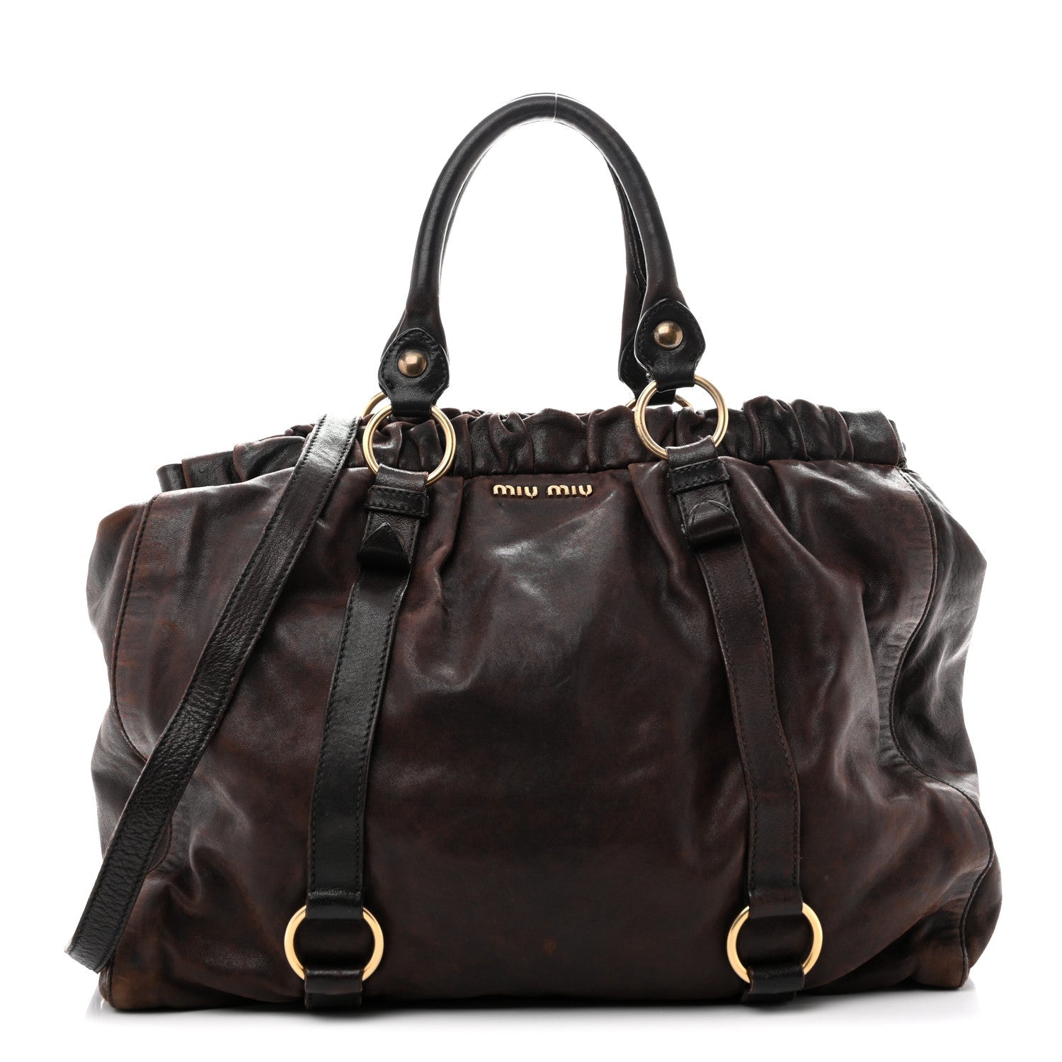 Miu Miu Vitello Lux Gathered Tote Brown