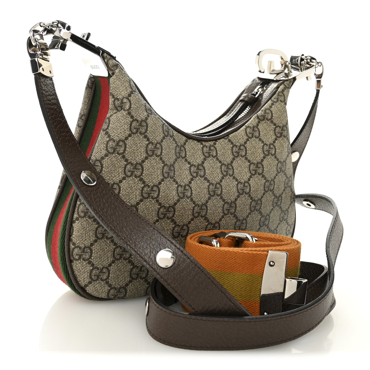 Gucci GG Supreme Monogram Textured Calfskin Web Small Attache Shoulder Bag Beige Ebony New Acero