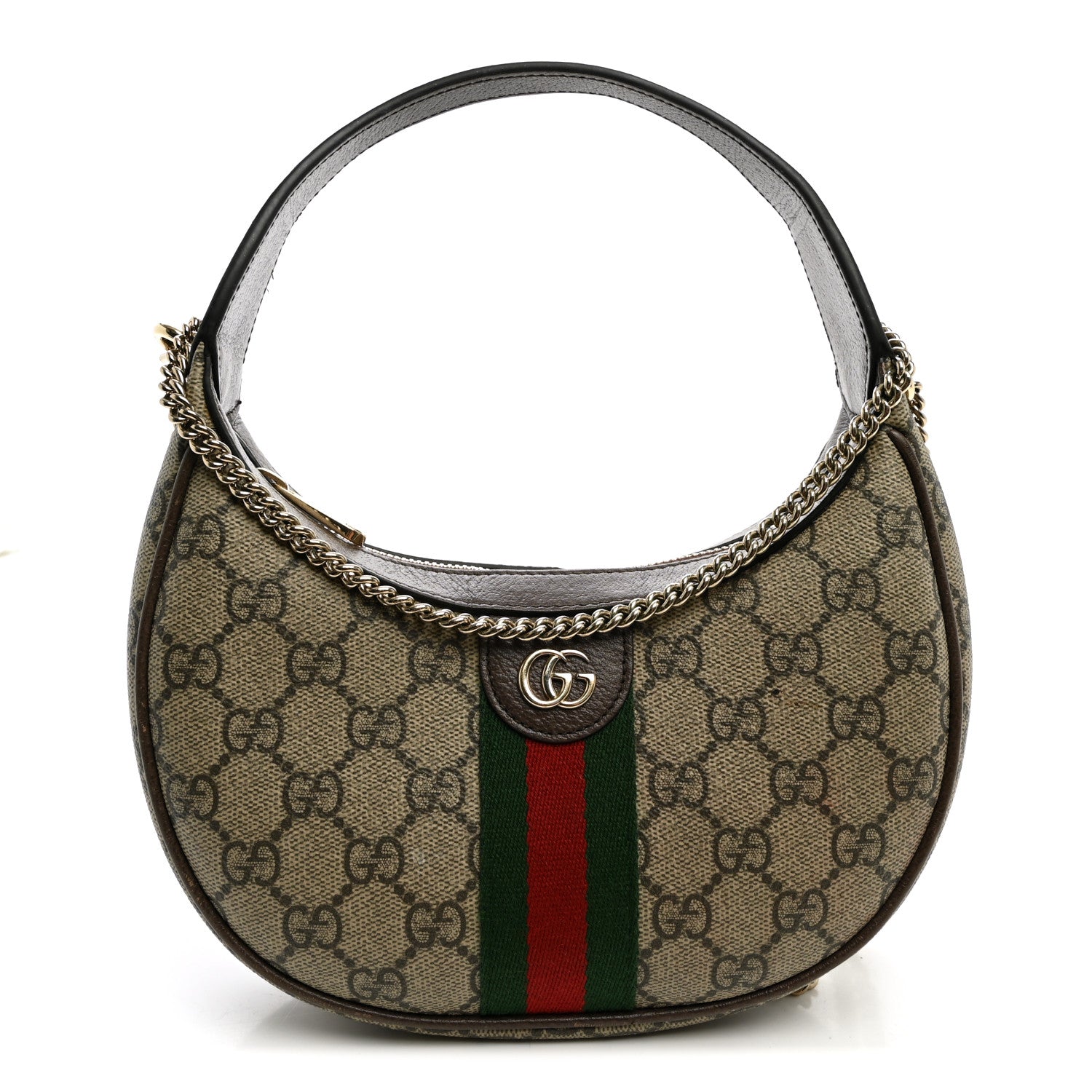 Gucci GG Supreme Monogram Textured Dollar Calfskin Web Small Ophidia Shoulder Bag Beige Ebony New Acero
