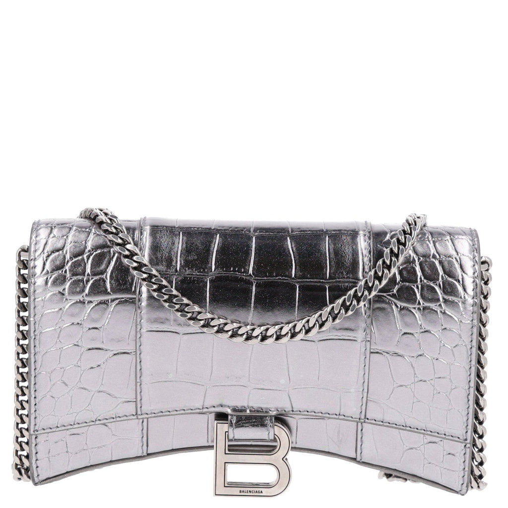 Balenciaga Metallic Calfskin Crocodile Embossed Hourglass Chain Bag Silver