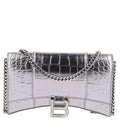 Balenciaga Metallic Calfskin Crocodile Embossed Hourglass Chain Bag Silver