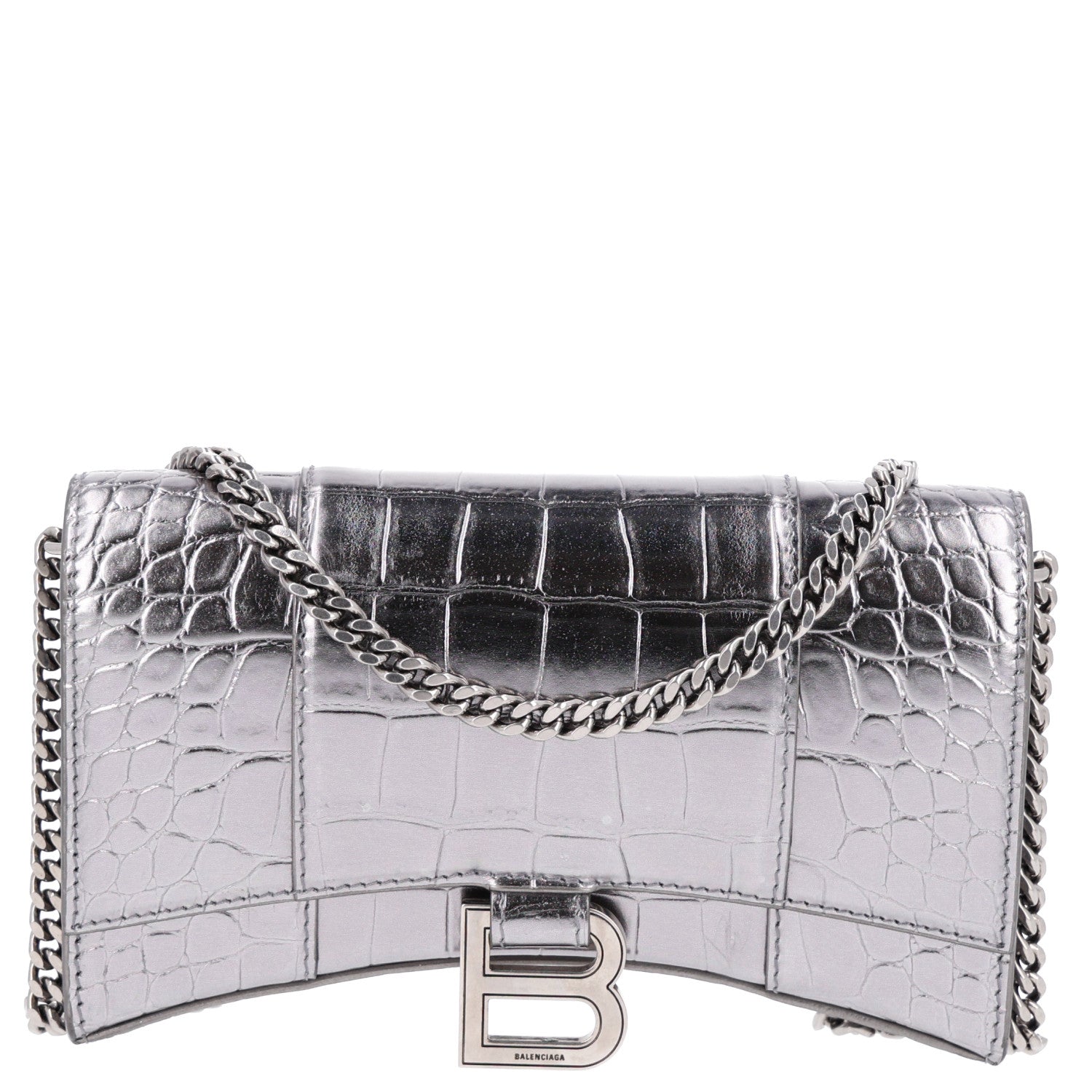 Balenciaga Metallic Calfskin Crocodile Embossed Hourglass Chain Bag Silver
