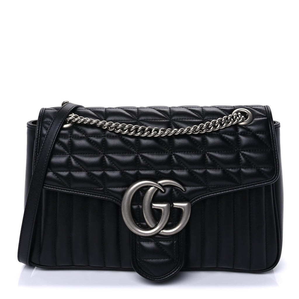 Gucci Calfskin Matelasse Aria Medium GG Marmont Shoulder Bag Black