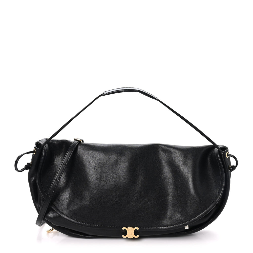 Celine Shiny Lambskin Soft Triomphe Half Moon Bag Black