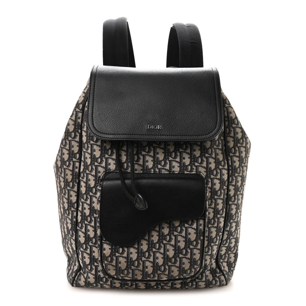 Dior Oblique Jacquard Grained Calfskin Drawstring Saddle Backpack Beige Black