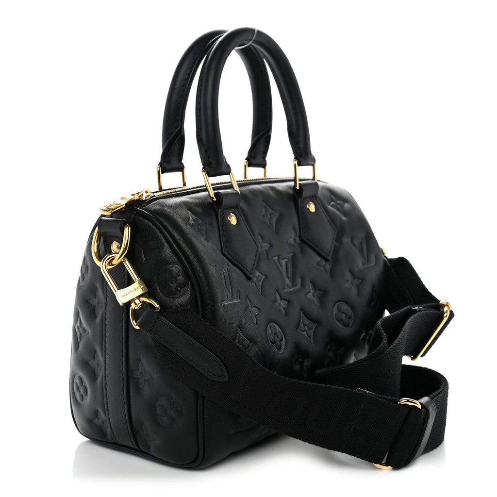 Louis Vuitton Lambskin Embossed Monogram Speedy 22 Bandouliere Black