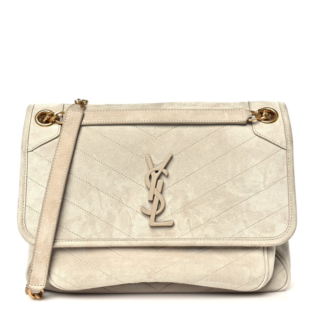 Saint Laurent Suede Monogram Medium Niki Chain Satchel Light Beige