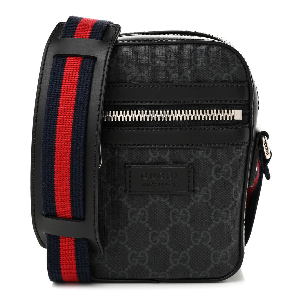 Gucci GG Supreme Monogram Appia Calfskin Web Small Camera Messenger Bag Black Grey