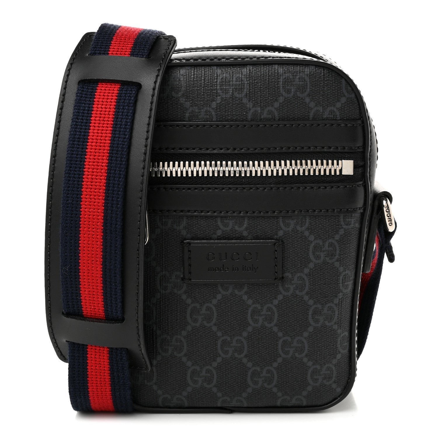 Gucci GG Supreme Monogram Appia Calfskin Web Small Camera Messenger Bag Black Grey