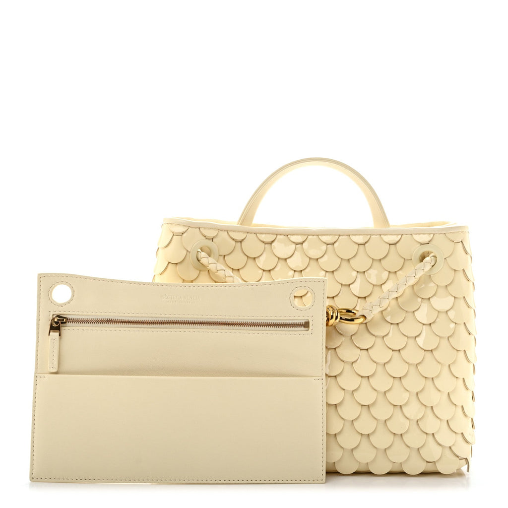 Bottega Veneta Patent Calfskin Fish Scale Small Andiamo Shoulder Bag Chamomile