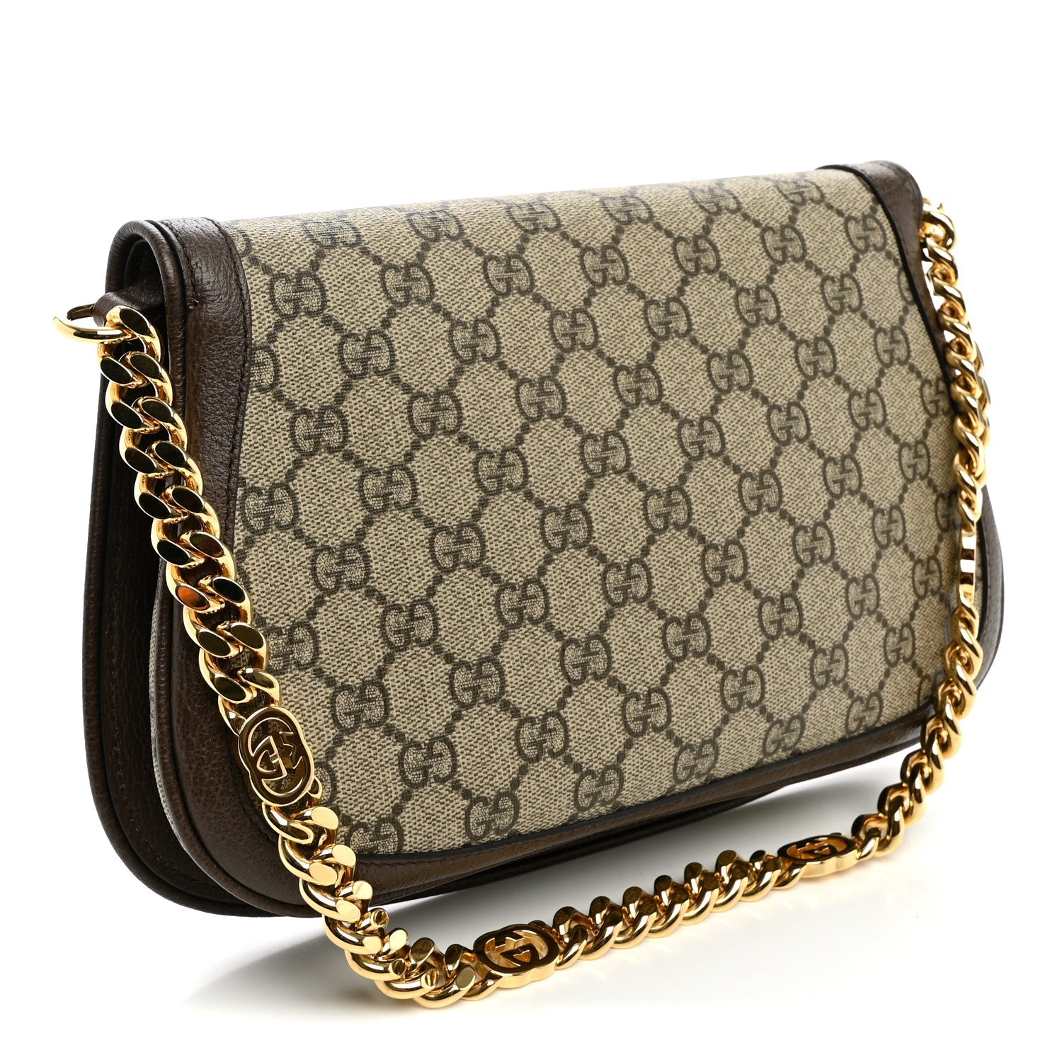 Gucci GG Supreme Monogram Textured Dollar Calfskin Blondie Chain Shoulder Flap Bag Beige Ebony New Acero