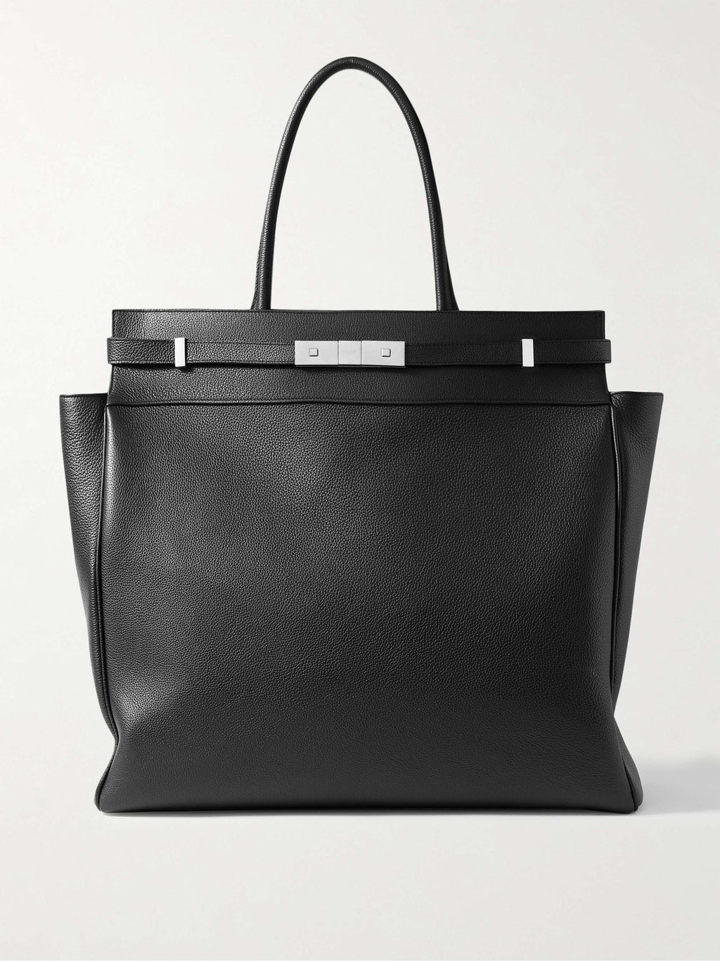 Front view — Saint Laurent Manhattan Shoulder Bag in black full-grain leather with silver belt-and-push-lock clasp
